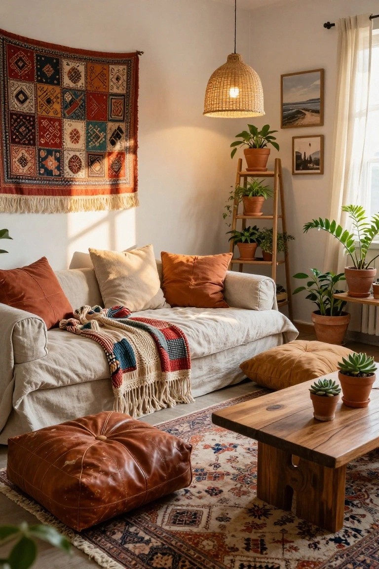A sunlit living room corner featuring a beige linen sofa with orange and cream pillows, a colorful knitted blanket draped over it, surrounded by potted plants on a wooden ladder shelf, a rattan pendant light, wooden coffee table, leather pouf, and patterned rug.