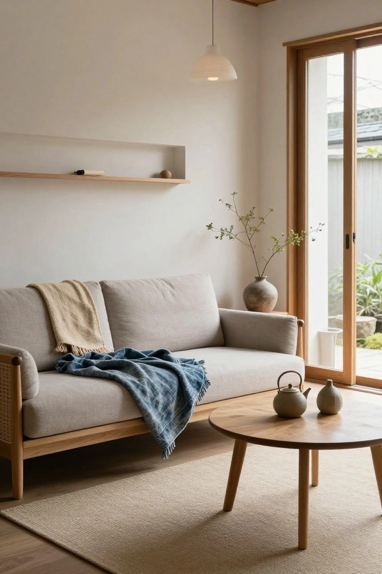 Cozy living room with light sofa, blue throw, wooden table, and large windows.