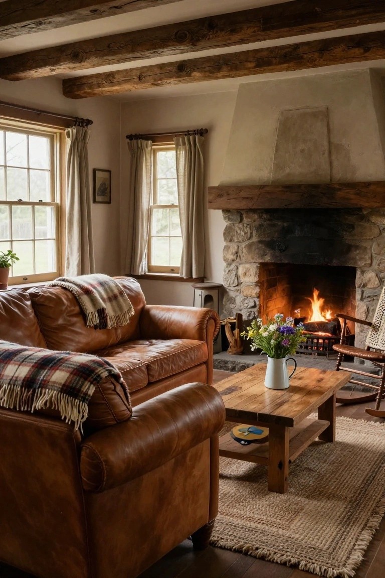 Cozy living room featuring tan leather sofa with plaid throws draped over it, stone fireplace with burning fire, wooden coffee table holding flowers in a white pitcher, exposed beam ceiling, and rocking chair.