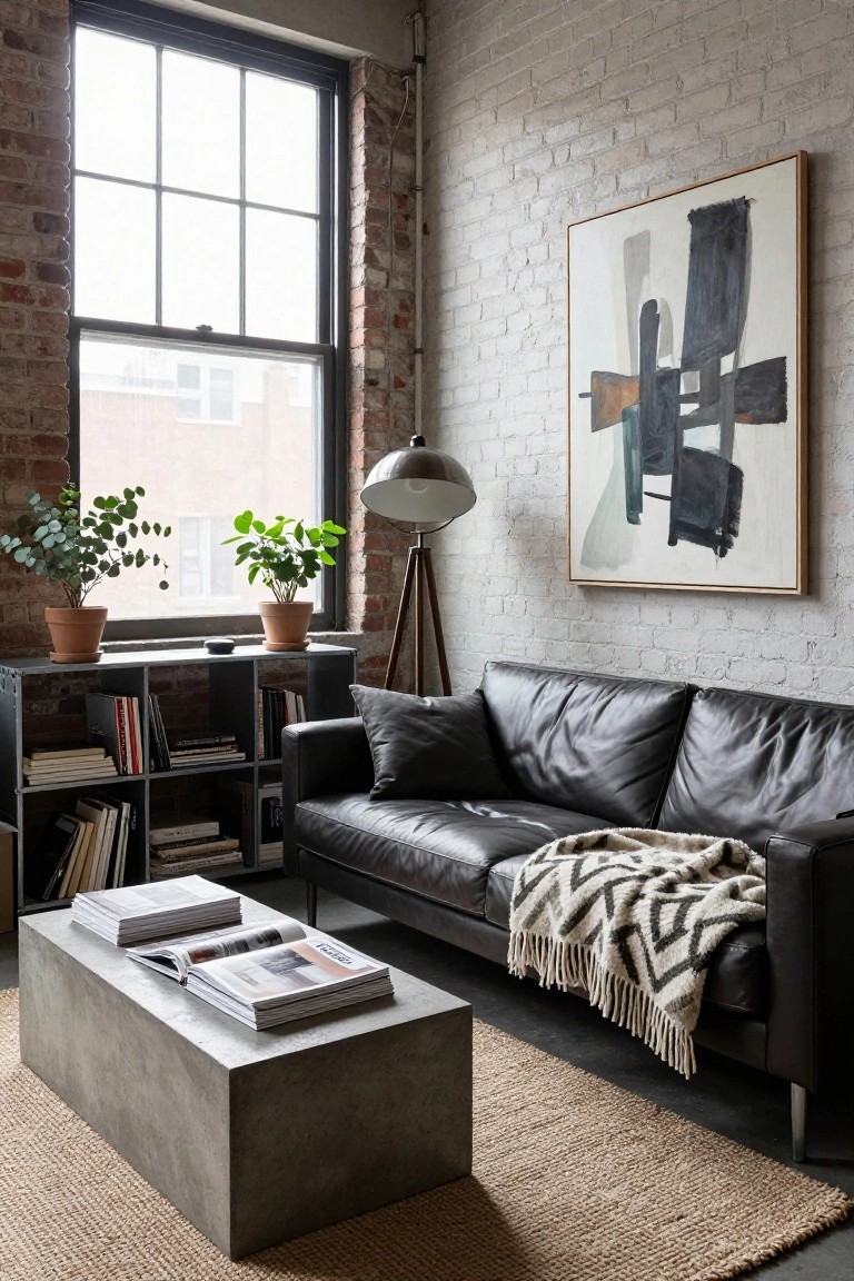 Modern industrial living room with black leather sofa draped in gray and white zigzag knit throw blanket, concrete coffee table holding magazines, potted plants on black shelving unit near large window, tripod floor lamp, and large abstract painting on white brick wall.