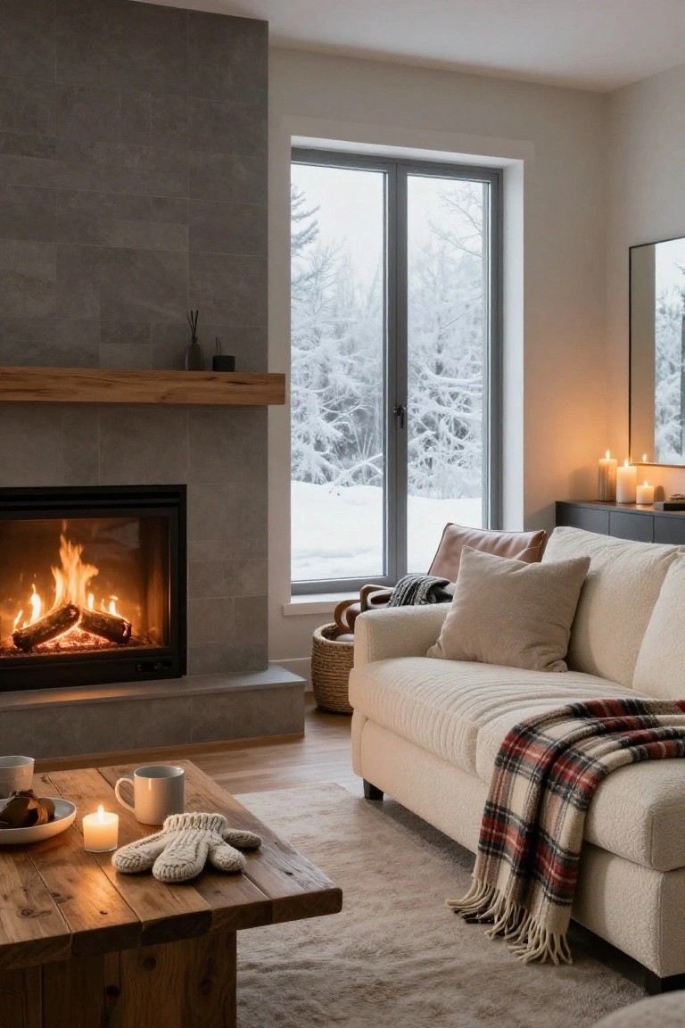 Cozy living room featuring a modern stone fireplace with burning logs, a light beige sofa draped with a red plaid blanket and pillows, a wooden coffee table holding candles, a mug, mittens, and a plate, plus large windows showing a snowy outdoor scene.