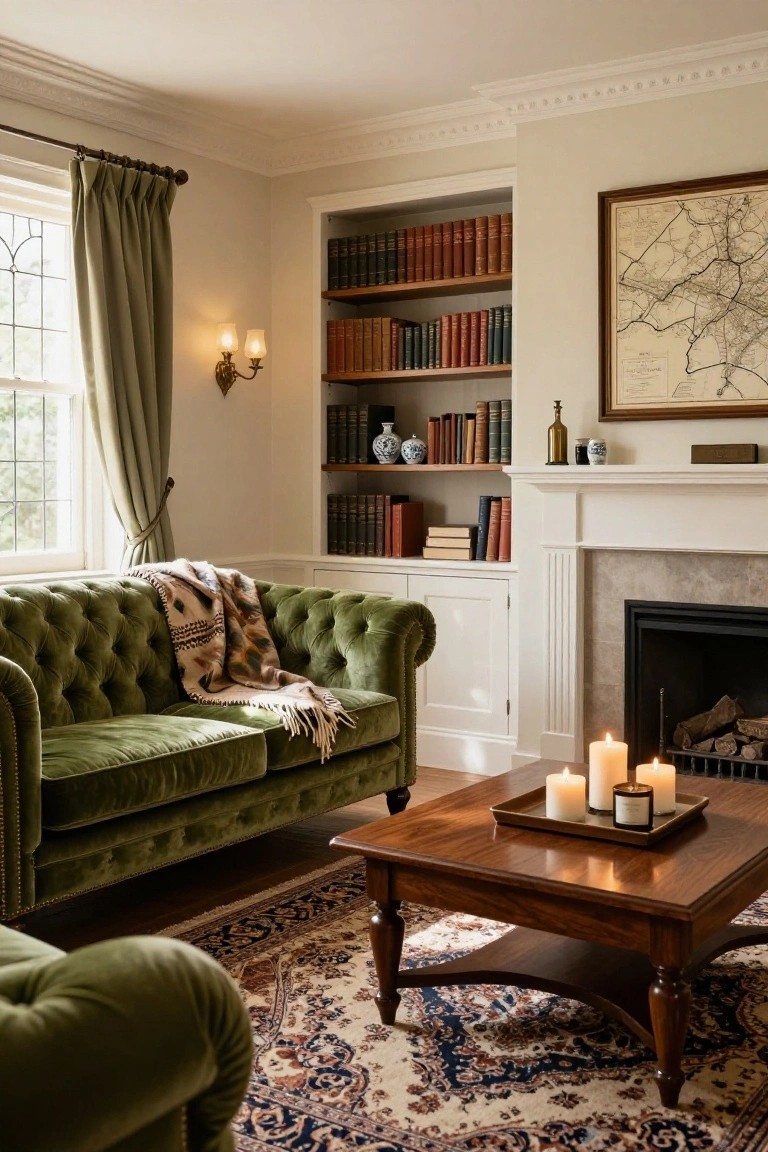 Green tufted velvet sofa with a multicolored patterned throw blanket draped over the back in a living room with built-in bookshelves, a fireplace, wooden coffee table holding candles, and an oriental rug on hardwood floors.