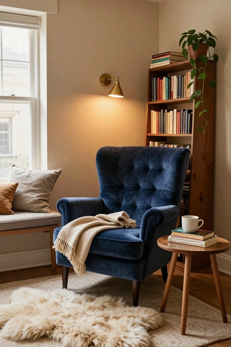 A living room corner with a blue tufted velvet armchair draped in a cream throw blanket, a wooden side table holding books and a white teacup, next to a tall wooden bookshelf with plants and books, a window with shades, and a beige wall lamp.