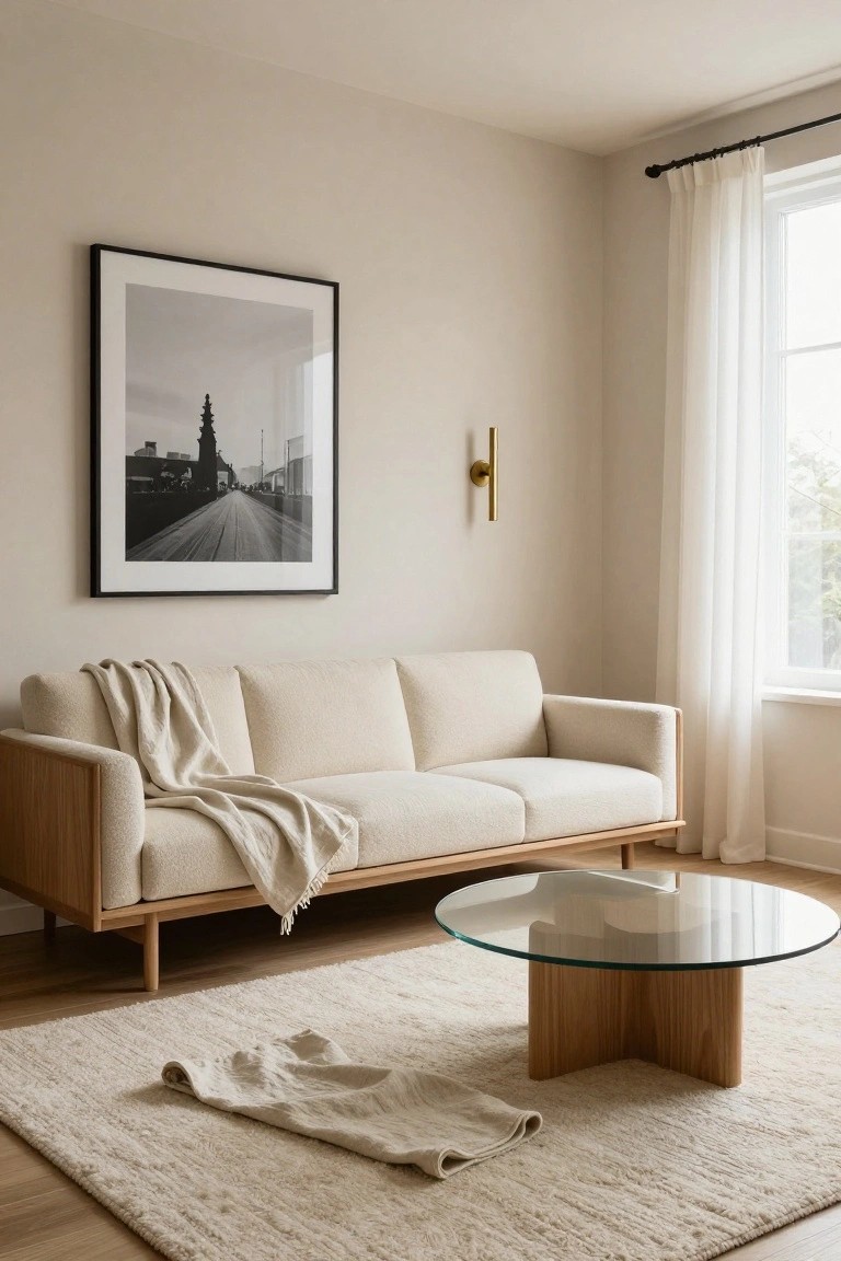 A light beige living room with a cream upholstered three-seat sofa featuring wooden frame and arms, a draped cream throw blanket, round glass-top wooden coffee table, cream rug, large black-framed photograph on wall, sheer white curtains at window, and wall sconce.