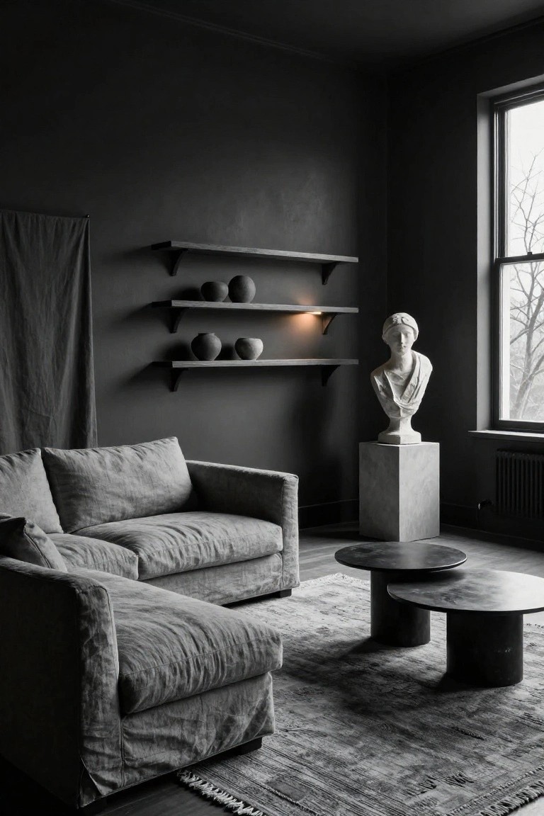A living room with dark charcoal walls, gray linen L-shaped sofa, nested black metal side tables on a gray rug, wooden wall shelves holding black pottery, a white bust sculpture on a stone pedestal, draped gray fabric, and a large window with a radiator below.