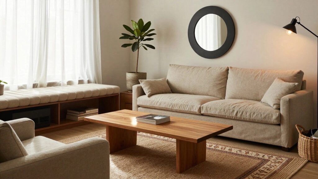 A light living room with beige linen sofa, low solid wood coffee table on seagrass rug, potted palm, black floor lamp, round wall mirror, wooden credenza, and white walls.