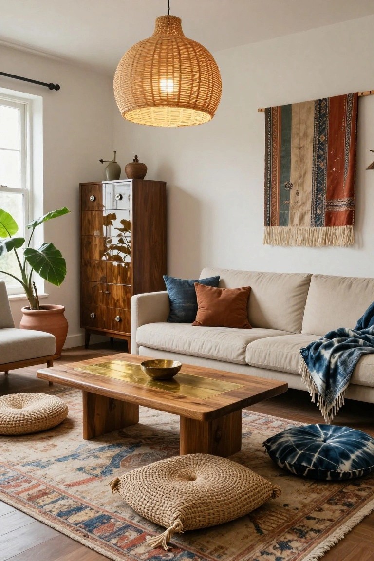 Living room with beige sofa and pillows, low wooden coffee table with brass tray and bowl, rattan and indigo floor cushions on patterned rug, potted plants, wooden cabinet, and woven wall hanging under rattan pendant light.
