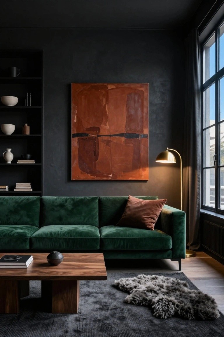 Modern living room with dark textured walls, black bookshelves holding ceramics, large rust-toned abstract painting, emerald green velvet sofa, wooden coffee table with books and black sculpture, gold arc floor lamp, dark curtains on window, and gray shag rug.