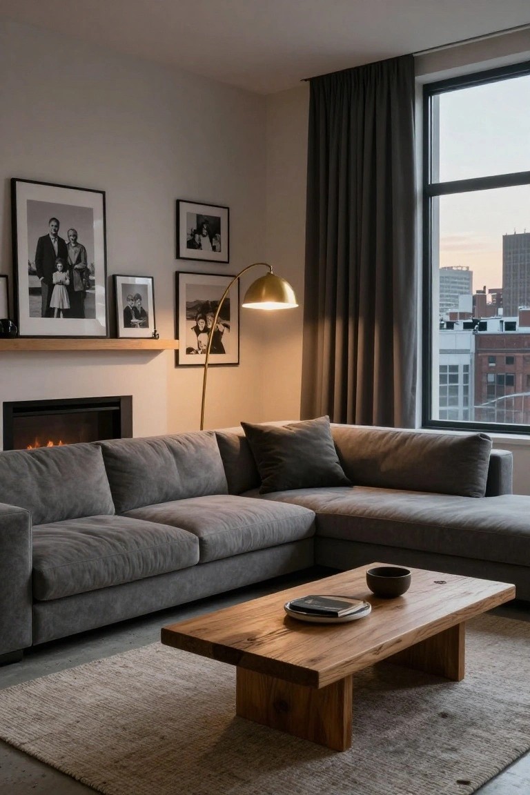 Modern living room with gray L-shaped sectional sofa, low wooden coffee table, gas fireplace, arc lamp, black-and-white photos on walls, and large window overlooking city skyline at dusk.