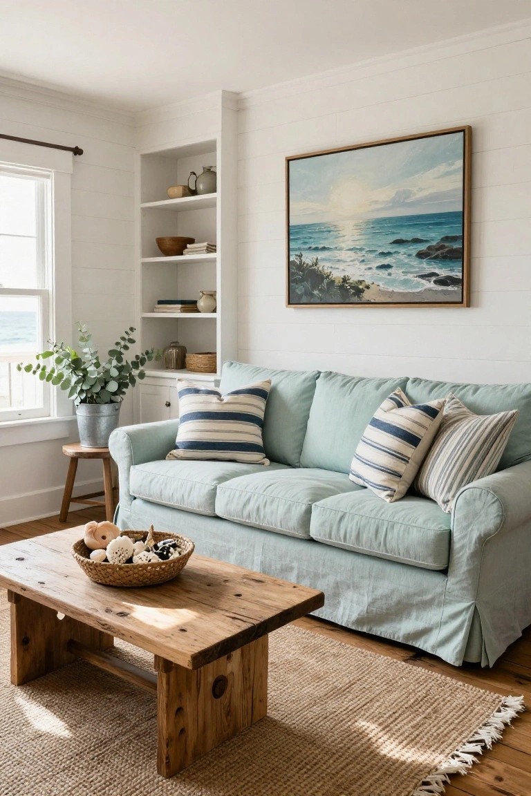 White shiplap-walled living room with light blue-green slipcovered sofa, navy striped pillows, wooden coffee table holding a woven basket, built-in shelves, potted eucalyptus, and window overlooking ocean.
