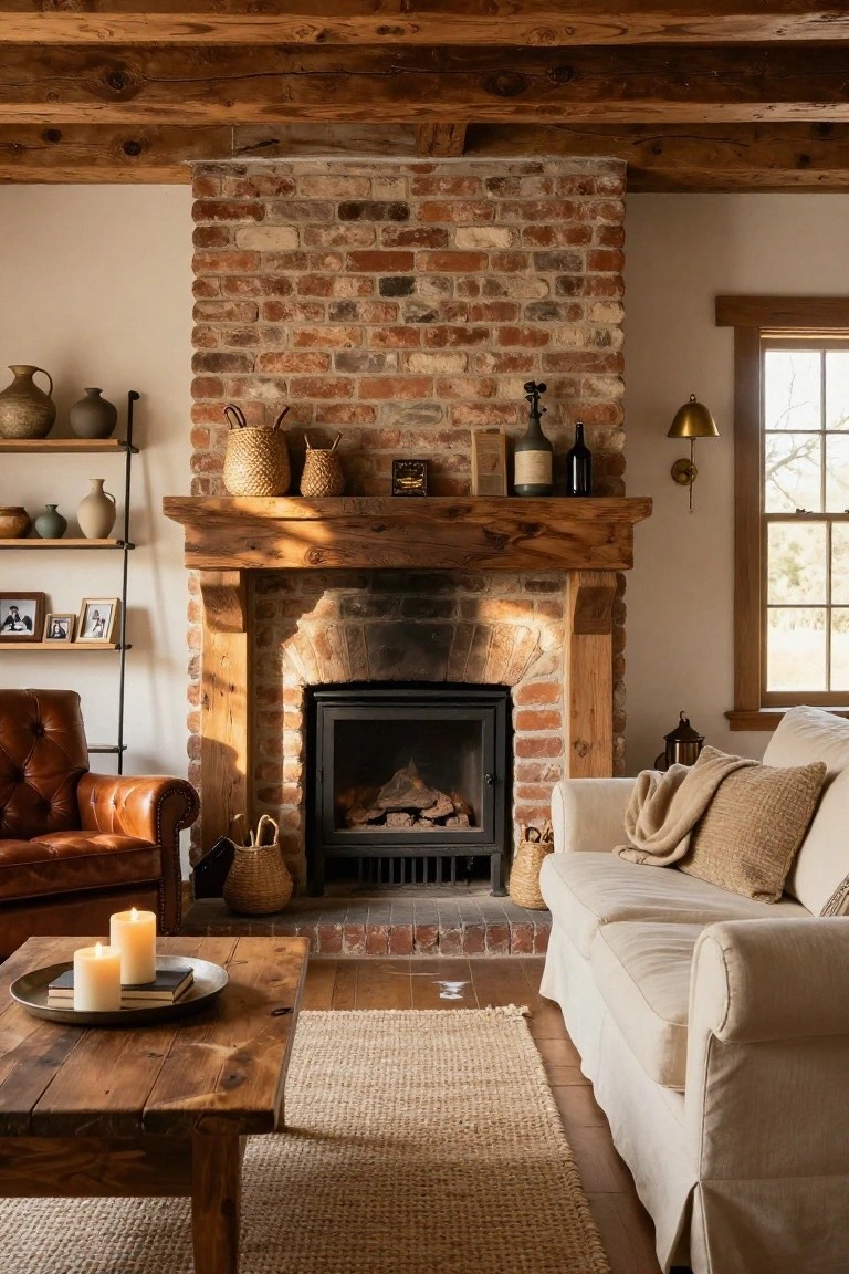 Cozy living room interior with exposed wooden ceiling beams, brick fireplace surrounded by wooden mantel, beige slipcovered sofa, brown leather armchair, wooden coffee table with candles, shelves with pottery, and natural woven baskets.