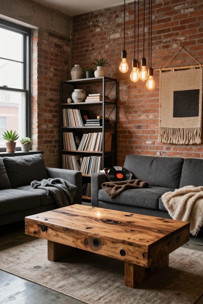 Cozy living room interior with exposed brick walls, black metal shelving filled with vinyl records and books, gray sofas draped with knitted throws, large rectangular rustic wood coffee table, potted plants, and hanging Edison bulb pendant lights.
