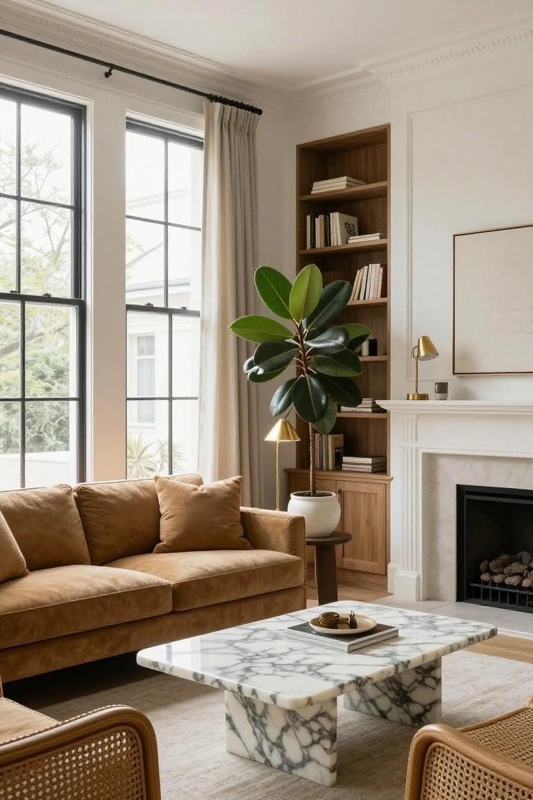 A living room featuring a tan velvet sofa, white marble coffee table, built-in wooden bookshelves flanking a white fireplace, a tall potted plant, gold lamps, and large black-framed windows with cream curtains.