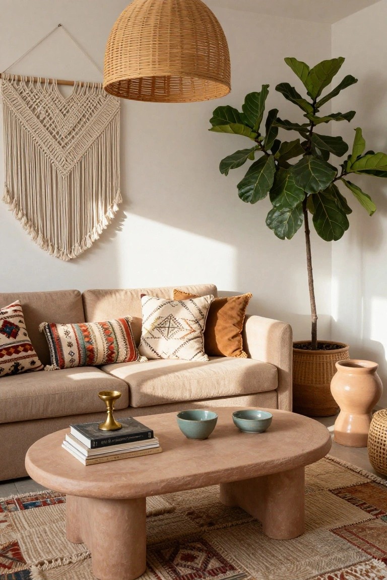Cozy living room with beige sofa accented by colorful pillows, large oval terracotta coffee table holding books and bowls, fiddle leaf fig plant in corner, macrame wall hanging, woven pendant light, and patterned rug.