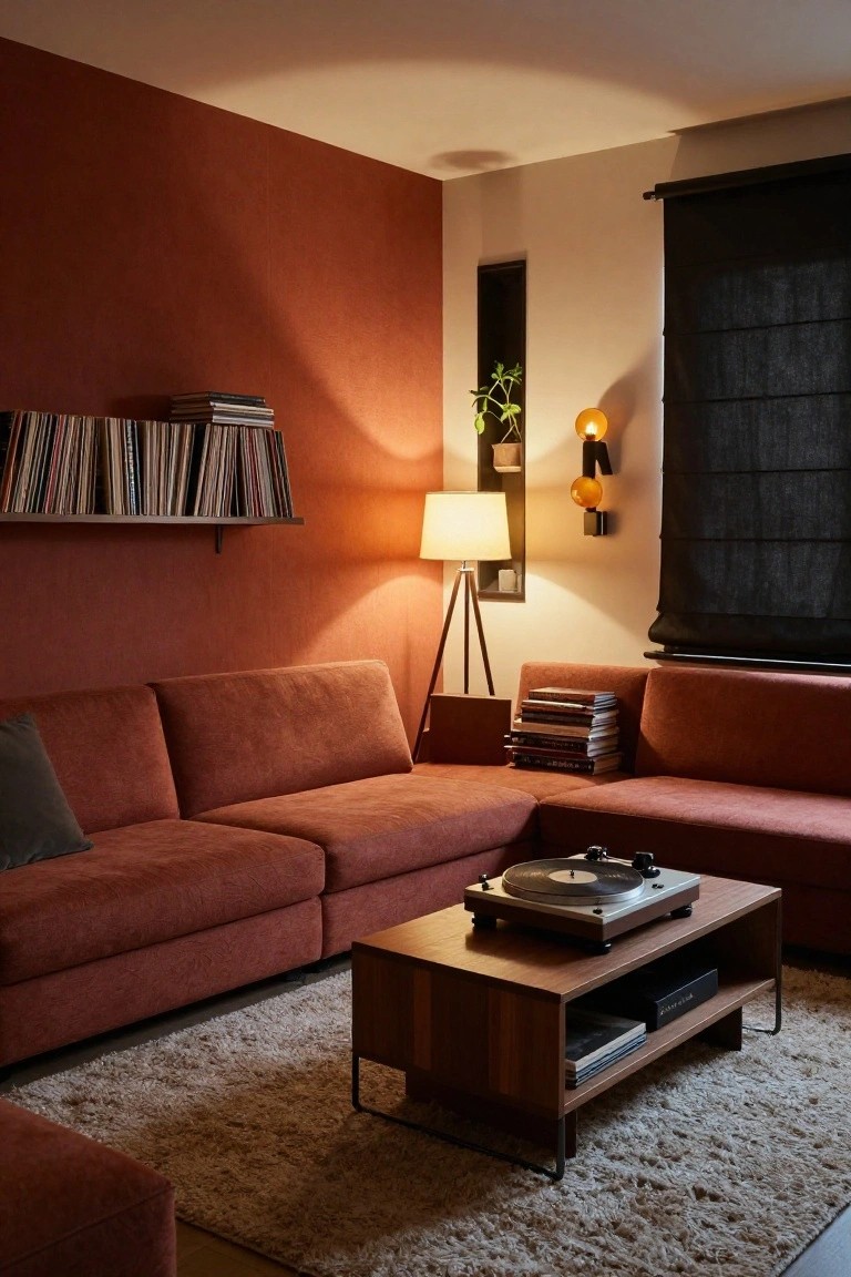 Living room featuring rust-colored textured walls, L-shaped rust fabric sofa, wooden coffee table holding a record player, wall-mounted shelves with vinyl records, tripod lamp, potted plant, and black window shade.