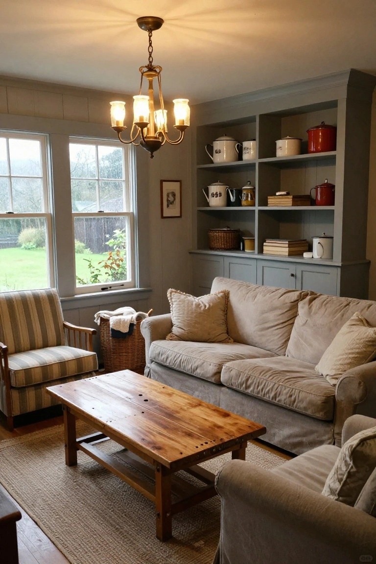 Cozy living room with gray built-in shelving displaying colorful vintage enamelware, beige slipcovered sofas and chairs around a rustic wooden coffee table, laundry basket nearby, and large windows showing rainy yard outside.