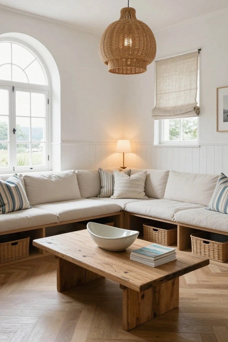 White L-shaped built-in sofa in a corner of a bright living room with high ceilings, under-seat wicker storage baskets, low wooden coffee table with white bowl and stacked books, rattan pendant light overhead, table lamp on wall, arched window with view, linen shade on small window, and herringbone parquet floor.