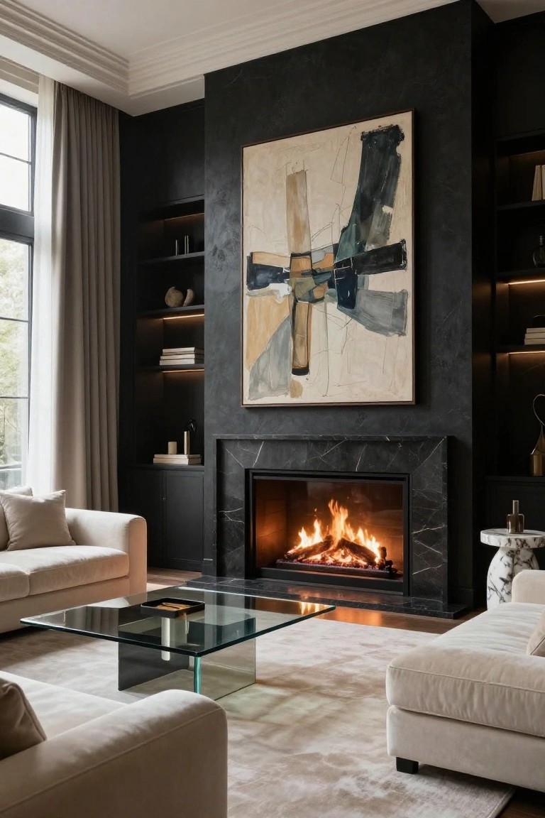 High-ceilinged living room with dark textured accent wall featuring built-in shelving, lit black marble fireplace, large abstract painting, cream upholstered sofas, glass coffee table, and tall curtained windows.