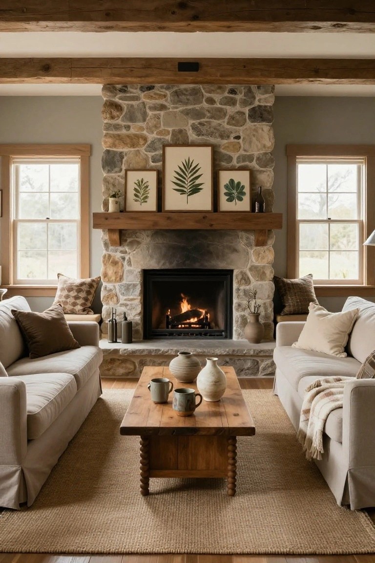 Living room with tall wooden beam ceiling, large stone fireplace with gas logs burning, flanked by light beige sofas on seagrass rug, wooden coffee table with ceramics, and three framed botanical prints above the mantel.