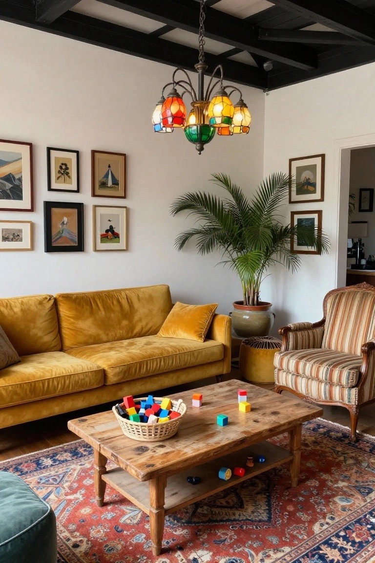 Living room with high exposed-beam ceiling, colorful stained-glass chandelier, yellow velvet sofa, striped armchair, wooden coffee table holding toys in a basket, tall potted palm plant, Persian rug, and assorted wall art.