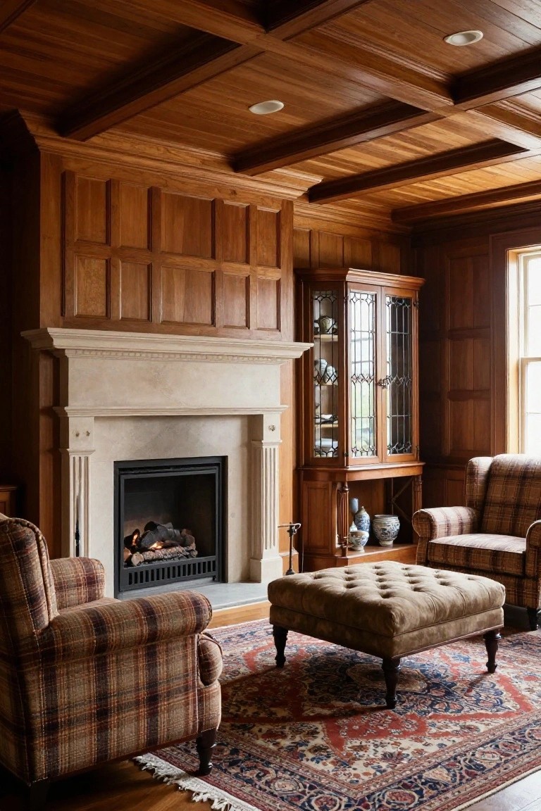 Wood-paneled living room with high beamed ceiling, limestone fireplace, plaid armchairs, tufted ottoman, glass-front curio cabinet, and Persian rug.