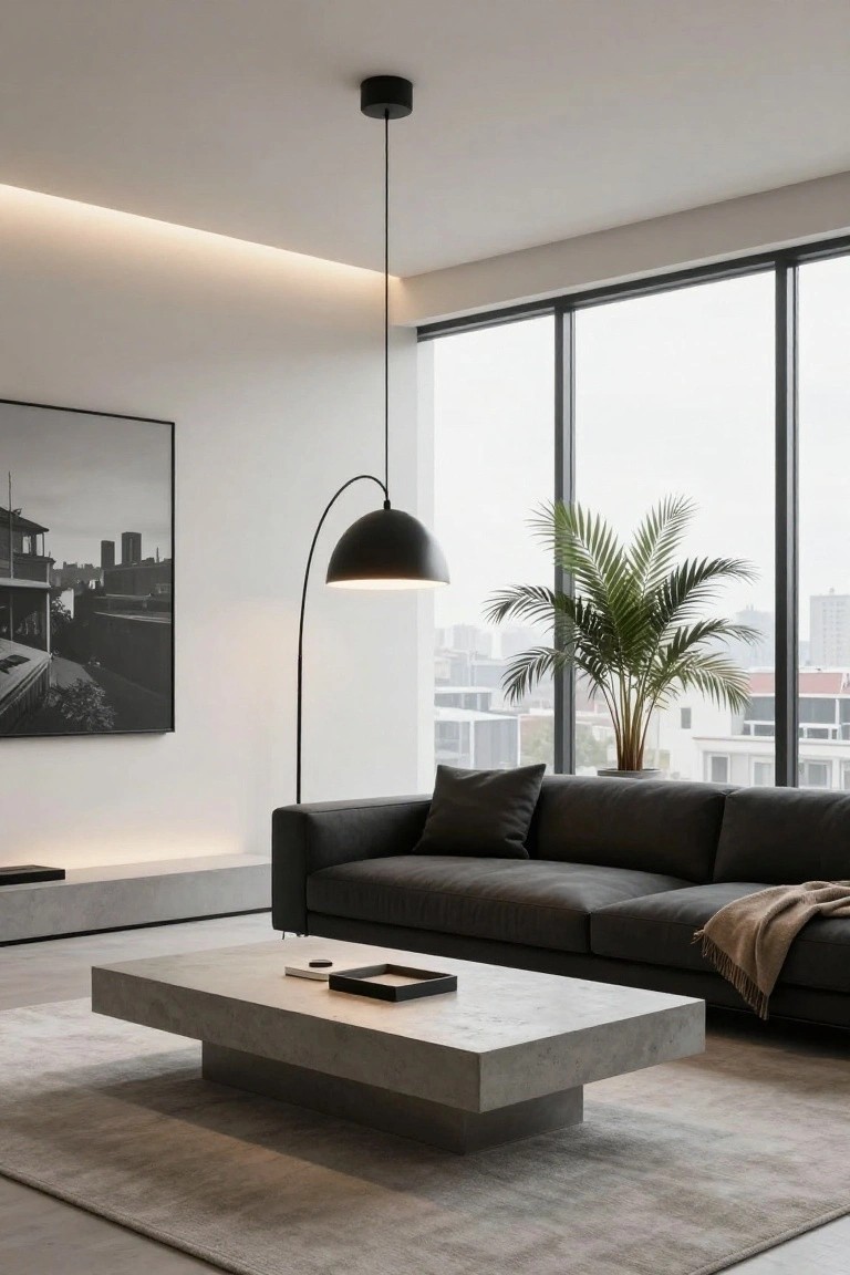 Modern living room with dark gray L-shaped sofa, low concrete coffee table, black arc floor lamp over seating, pendant light from ceiling, potted palm plant near large windows showing city view, and LED strip lighting along cove.