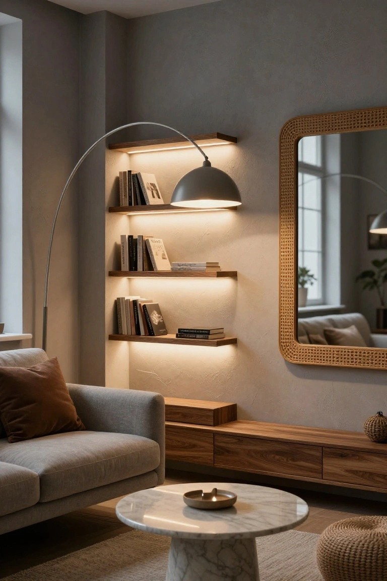 Modern living room corner with floating wooden shelves holding books and lit from behind by LED strips, arc floor lamp, large rattan mirror, gray sofa, wooden media cabinet, marble side table, and woven pouf on textured gray walls.
