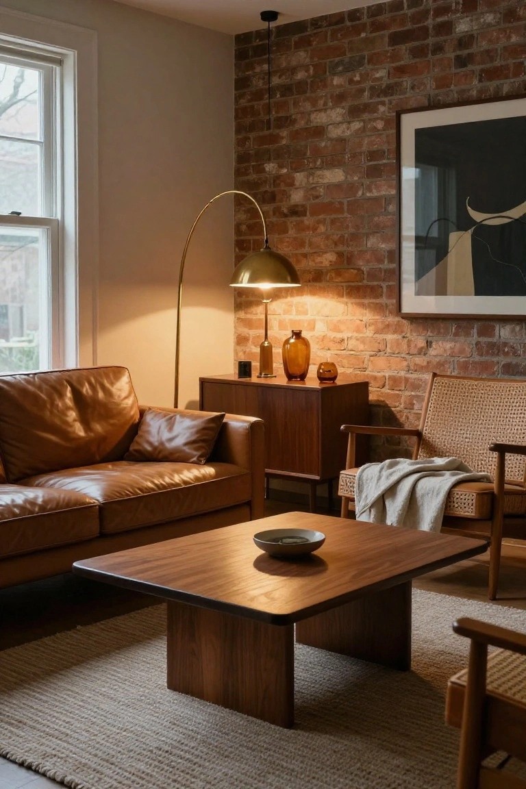 A living room with exposed brick walls, brown leather sofa, rattan armchair, wooden sideboard and coffee table, glass vases, and a brass arc floor lamp with dome shade.