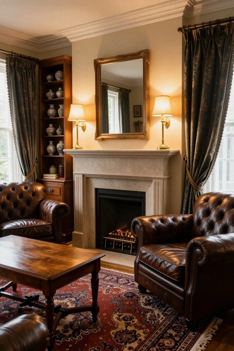 A traditional living room with two brown leather armchairs facing a lit gas fireplace, wooden coffee table on a red Persian rug, built-in wooden bookcase with ceramic vases, brass table lamps flanking a gold-framed mirror above the limestone mantel, and green drapes on tall windows.
