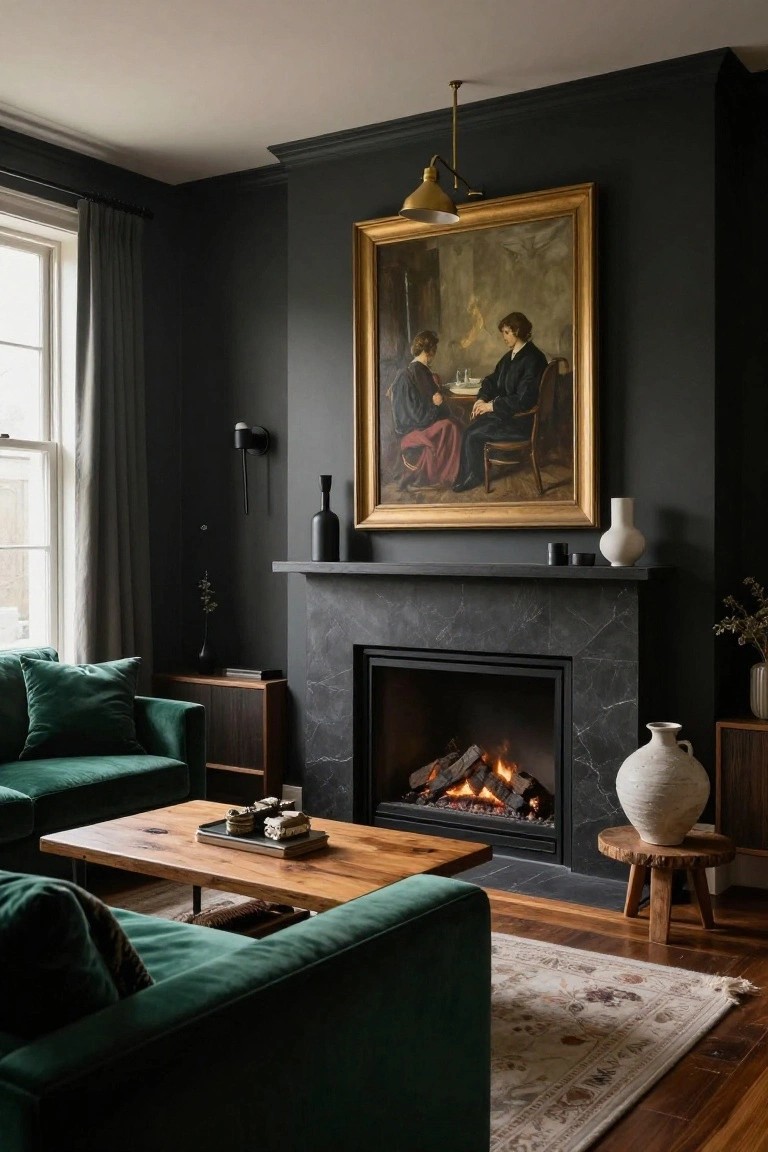 A living room with dark gray walls, green velvet sofas around a wood coffee table, black marble fireplace with burning gas logs, large gold-framed painting of people above the mantel, brass adjustable pendant light from ceiling, wall sconce, and ceramic vases on shelves and mantel.