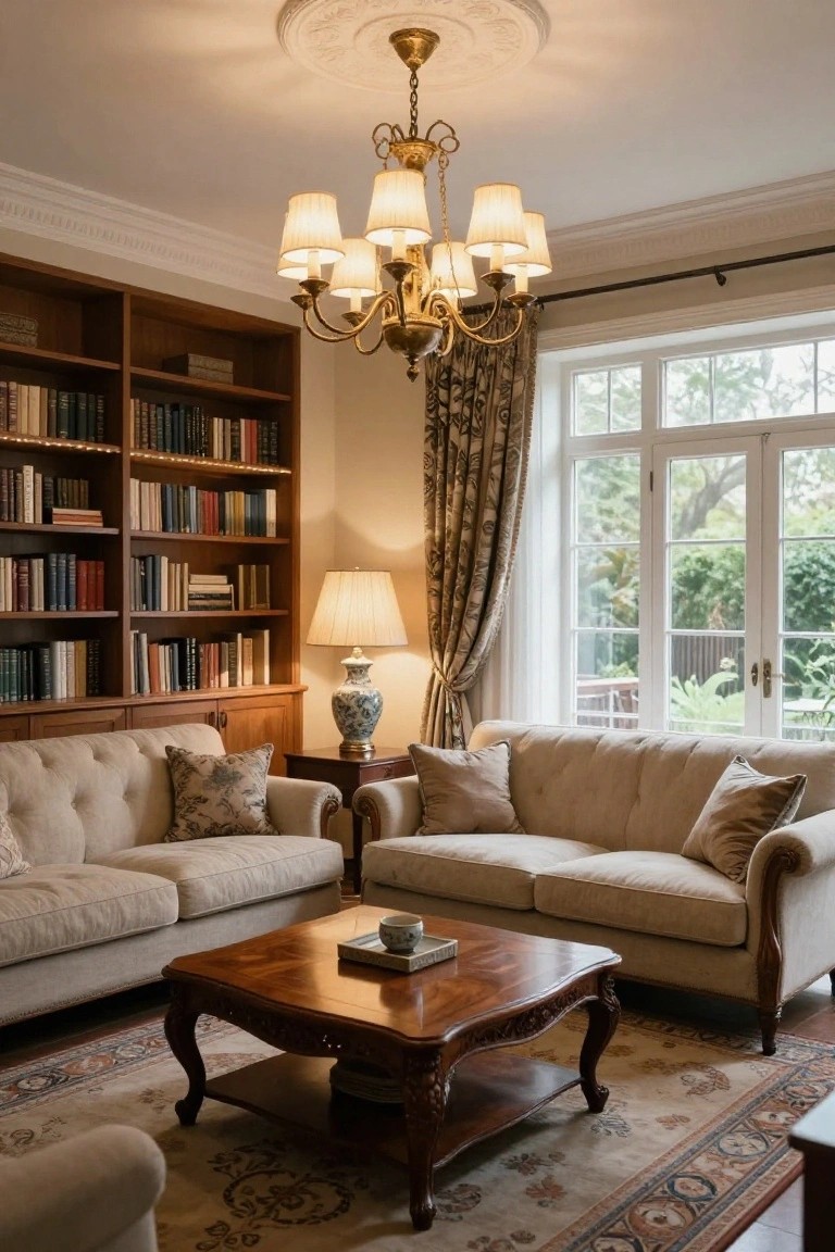 A traditional living room with tall wooden bookshelves filled with books, two beige sofas around a carved wooden coffee table, a brass multi-arm chandelier with fabric shades, a ceramic table lamp on a wooden side table, and large curtained windows overlooking a garden.