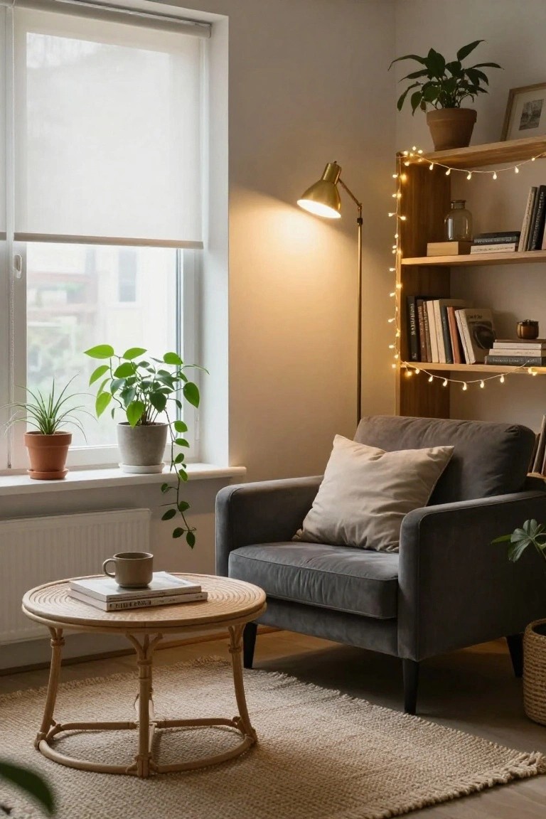 Cozy living room corner with gray armchair, beige pillow, rattan coffee table holding books and mug, potted plants on windowsill and floor, wooden bookshelves strung with fairy lights, gold arched floor lamp, and sheer window blinds.