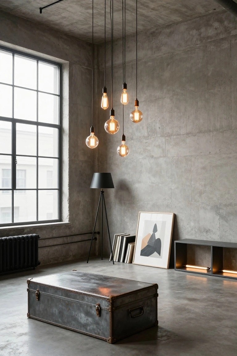 Industrial living room featuring a cluster of seven hanging exposed-bulb pendant lights over a metal trunk chest on a concrete floor, with large factory windows, a black floor lamp, radiator, shelves, and abstract artwork on gray concrete walls.