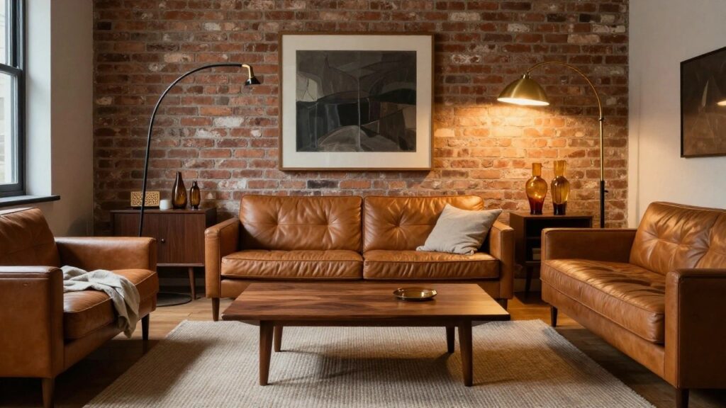 A living room with exposed brick walls, brown leather sofa, rattan armchair, wooden sideboard and coffee table, glass vases, and a brass arc floor lamp with dome shade.
