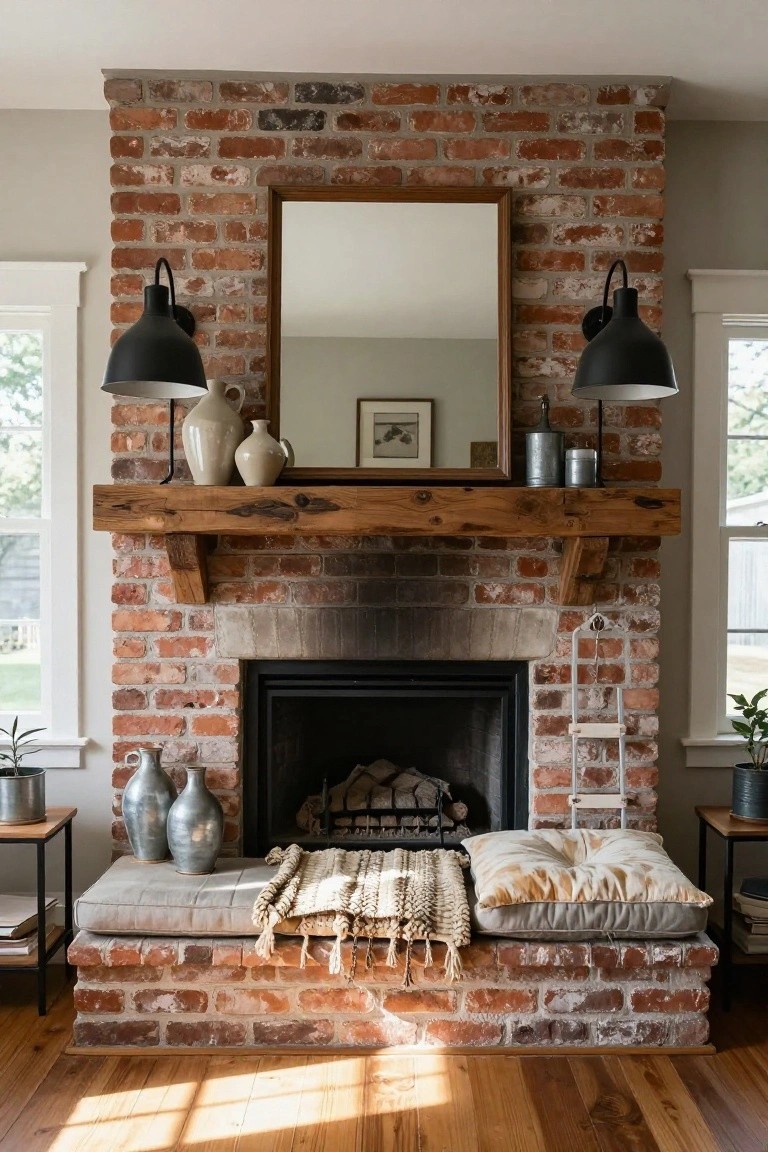 A living room fireplace with distressed brick surround, wooden beam mantel, large rectangular mirror centered above flanked by two black gooseneck sconces, built-in bench with cushions below, and side tables.