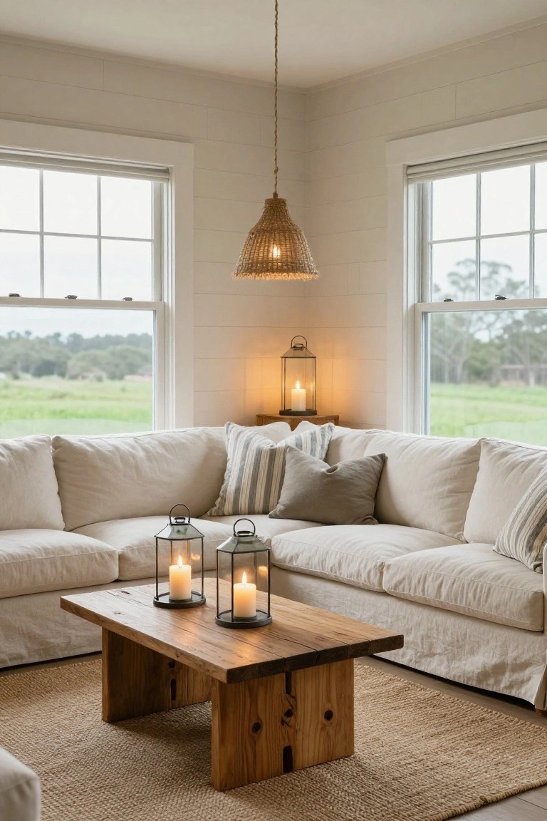 Corner of a light beige living room with shiplap walls, two large windows showing green fields and trees, L-shaped cream linen sofa with striped and gray pillows, wooden coffee table with two metal lantern candles, hanging rattan pendant light above, wall shelf with lantern candle, and seagrass rug on wood floor.