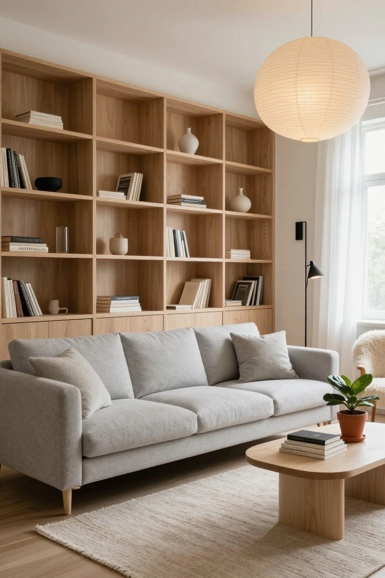 Living room featuring tall oak bookshelves filled with books and ceramics, a light gray three-seat sofa, light wood oval coffee table with stacked books, beige rug, large white paper lantern pendant light overhead, black floor lamp, potted plant, and sheer-curtained window.