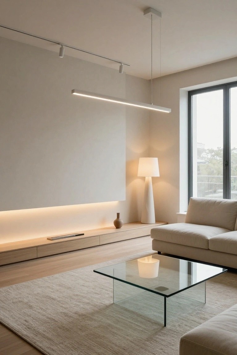 Modern living room featuring track lighting on the ceiling, a long linear LED pendant, a tall white floor lamp, LED strip lighting under a wood media console, a glass coffee table with candle, beige sofa, and neutral walls with large windows.