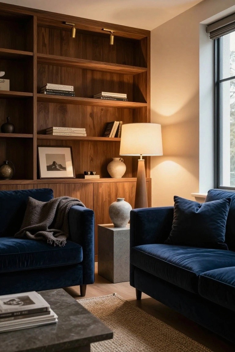 Living room corner with walnut built-in bookshelves lit by wall-mounted spotlights, navy velvet sofas with gray throw, tall wooden floor lamp with white shade, stone pedestal table, pottery vases, and books on marble coffee table.