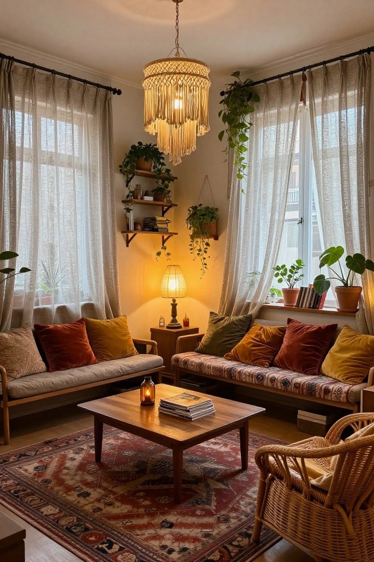 Cozy living room corner featuring two low upholstered benches with colorful velvet pillows around a wooden coffee table, macrame pendant light overhead, table lamp on a wooden side table, various potted plants, sheer curtains on large windows, and a rattan chair on a red patterned rug.