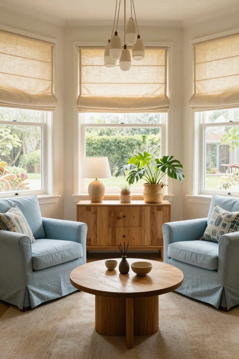 Bay window living room corner with two blue upholstered armchairs around a round wooden coffee table, wooden sideboard holding plants and a table lamp, multi-bulb pendant light fixture overhead, and beige linen roman shades on triple windows overlooking a garden.