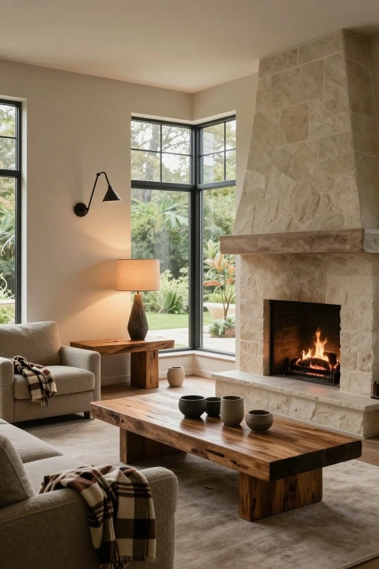 Living room with light gray armchairs draped in plaid throws, wooden side and coffee tables holding ceramic pots, tall textured table lamp, black wall sconce, beige stone fireplace with burning logs, and large windows showing garden outside.