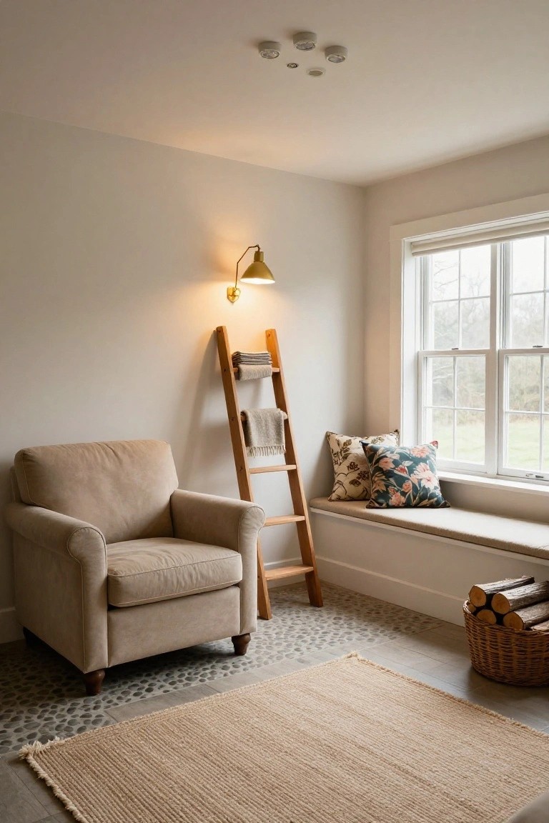 Cozy indoor room corner featuring a beige armchair next to a wooden ladder with folded gray towels, a window seat with floral pillows, lit brass wall sconce, seagrass rug, pebble flooring, and a basket of firewood.
