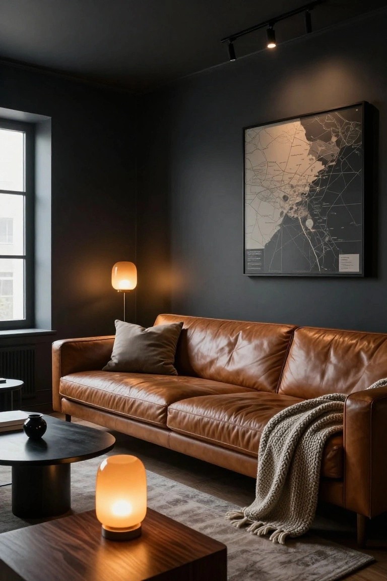 Dark gray living room with tan leather sofa, gray pillows, knit throw blanket, black round coffee table, wood cube side table holding a glowing globe lamp, tall floor lamp with globe shade, large framed city map on wall, track lighting, and a radiator under the window.