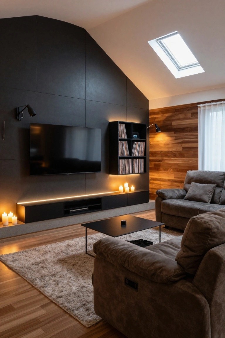Modern living room with wall-mounted TV on dark textured wall above black console lit by warm LED strip underneath and candles on top, brown leather sofas, wood accent wall, rug on wood floor, and skylight overhead.