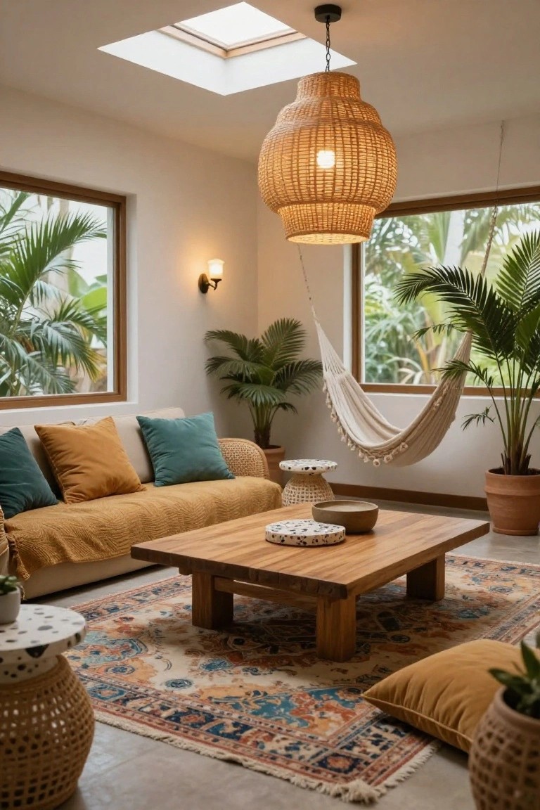 A cozy living room with a large woven pendant lamp hanging over a low wooden coffee table, surrounded by potted palms, a hammock by large windows showing outdoor plants, a sofa with teal and orange cushions, and woven stools on a patterned rug.