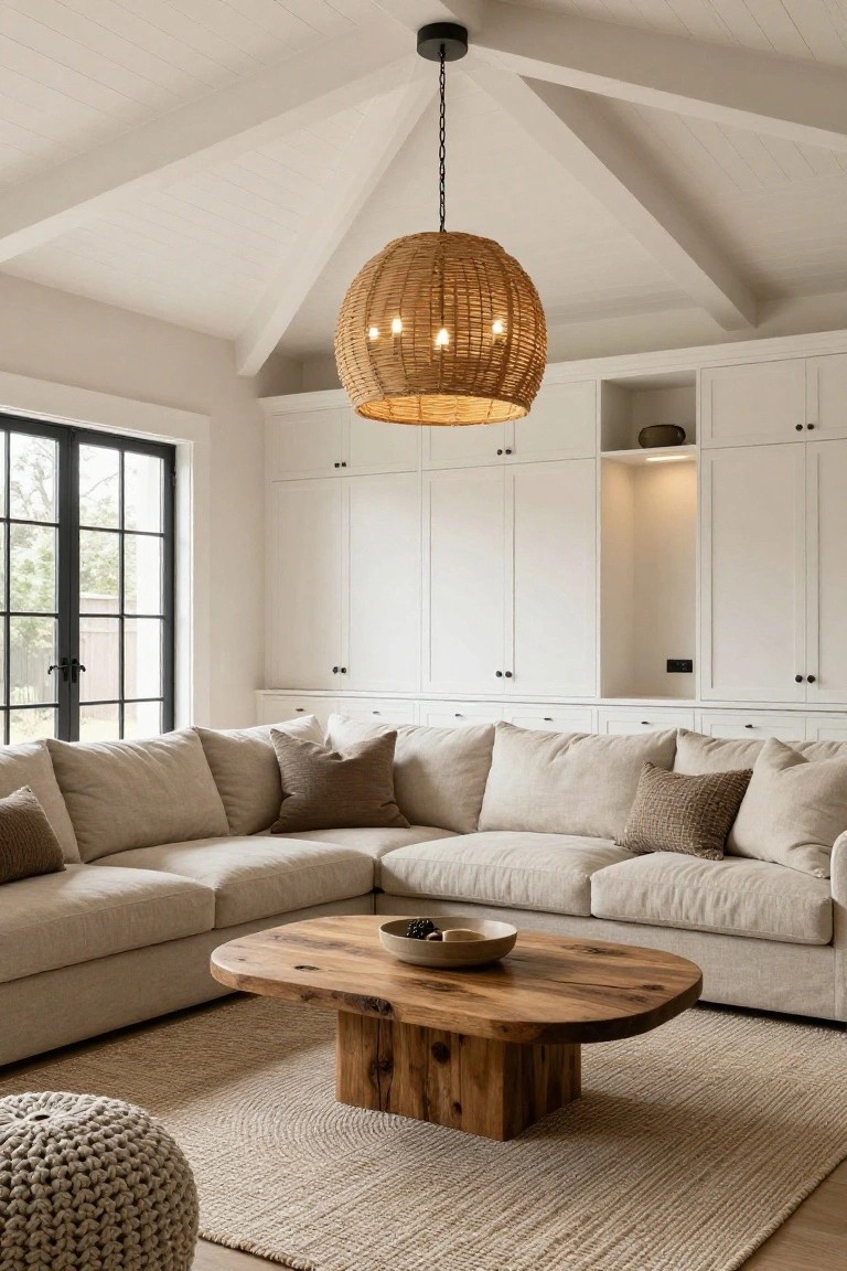 A living room with vaulted white ceiling, large woven rattan pendant light with multiple bulbs hanging over a beige L-shaped sofa, oval wooden coffee table with bowl, white built-in cabinets, black-framed French doors, and seagrass pouf on a light rug.