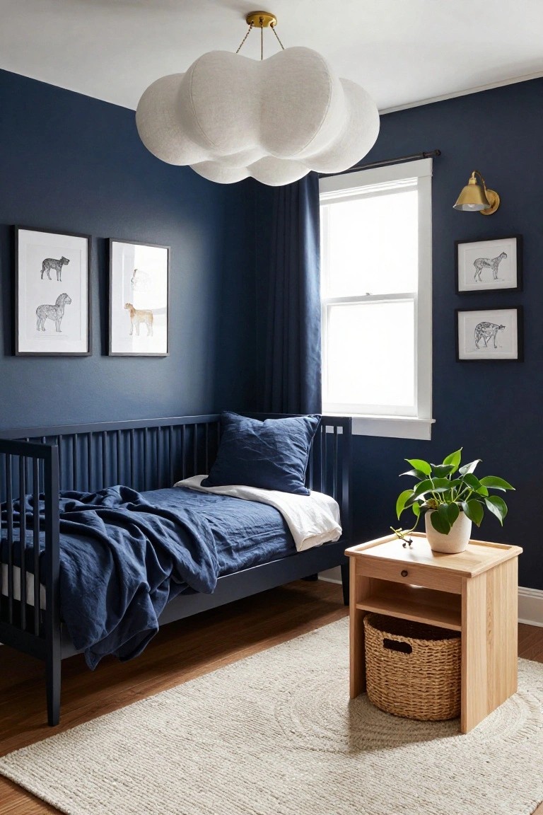 Navy blue nursery with spindle crib, navy bedding, white cloud pendant light, framed black line art of animals on walls, wooden nightstand holding a potted plant, seagrass basket, and neutral rug on hardwood floor.