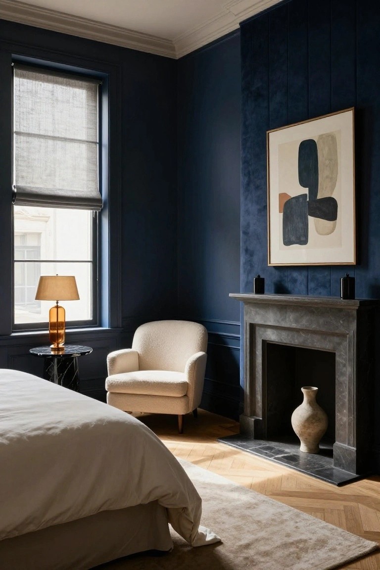 Bedroom corner with deep navy blue walls, cream bouclé armchair next to a black marble side table and orange glass lamp, white bed with duvet, stone fireplace mantel holding a ceramic vase, and linen window shade.