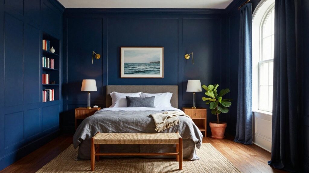21 Cozy Navy Bedroom Designs That Feel Sophisticated Bedroom with navy blue paneled walls, gray upholstered bed with white and blue pillows and gray linens, wooden nightstand and bench, brass swing-arm lamp, blue curtains on arched window with roman shade, floating shelves with books, fiddle leaf fig in terracotta pot, seagrass rug on hardwood floor